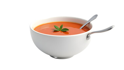 Tomato soup in white bowl with spoon and mint garnish