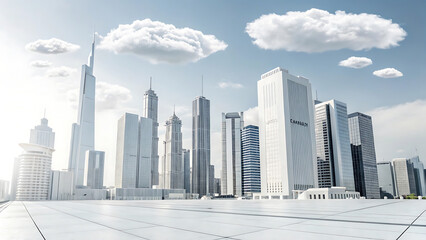 Naklejka premium Modern Cityscape Sleek Skyscrapers and Open Plaza under a Cloudy Sky