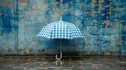 A blue and white checkered umbrella standing on a wet, tiled surface against a textured blue wall.