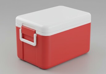 A red and white cooler box sitting on a gray surface in a studio shot with soft lighting effect