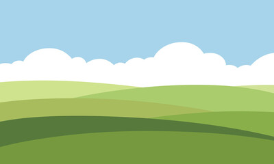 Obraz premium Spring and summer landscape of green hills, meadows, fields against a background of blue sky with white clouds, flat design, vector illustration. Graphic drawing for background, banner, label 