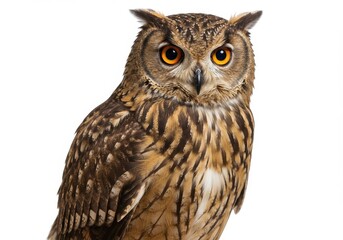 Fototapeta premium A close up portrait of an owl with bright orange eyes against a white background looking forward
