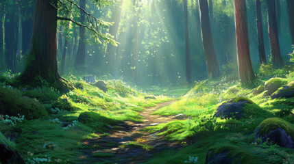 Obraz premium Mossy trail in sunlit forest