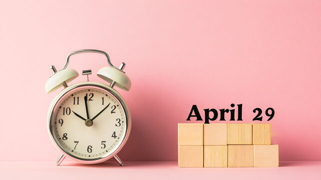 April 29 date with vntage alarm clock on pink background - Powered by Adobe