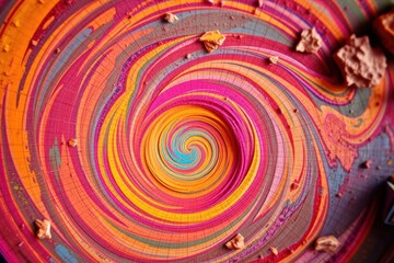 Abstract swirling design with colorful layers and textured fragments