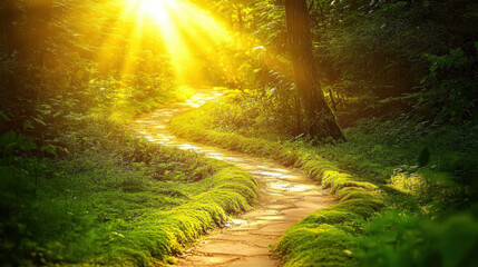 Fototapeta premium Sunlit path in mossy forest