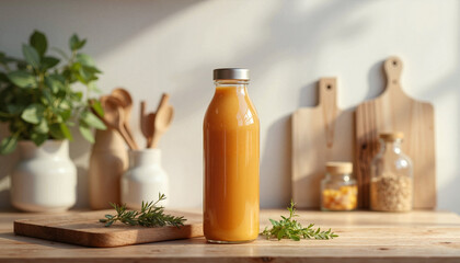 Modern juice bottle on wooden shelf in minimalist kitchen, freshness