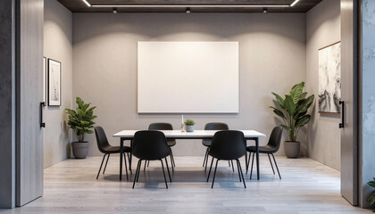 Minimalist meeting room with black chairs around a table, professional setting