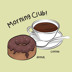 vector illustration of Coffee with donut, coffee elements with lettering. Suitable for breakfast menus, cafe promotion, and food blogs.