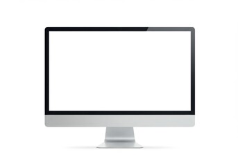 A computer monitor with a white screen is centered on a white background in a studio setting