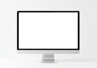 Fototapeta premium A modern silver desktop computer with a blank white screen on a white background in a studio setting