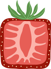 Artistic hand drawn illustration of square strawberry with leaves. Vector drawing of half of sweet berry with juicy pulp isolated on white background. Drawing of summer vegan dessert for your printing