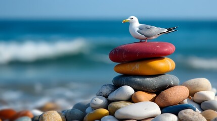 Serene Seagull on Coastal Rock Cairn.