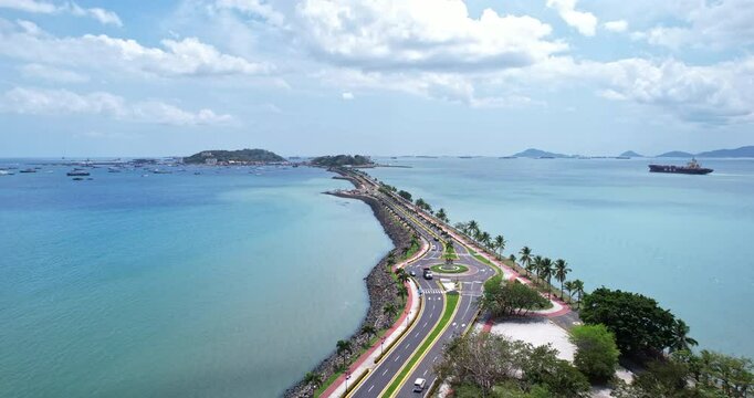 Drone Shot of Traffic on Amador Causeway, Panama City, Panama