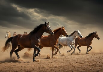 Majestic Horses in Full Gallop Under Dramatic Sky. Generative Ai