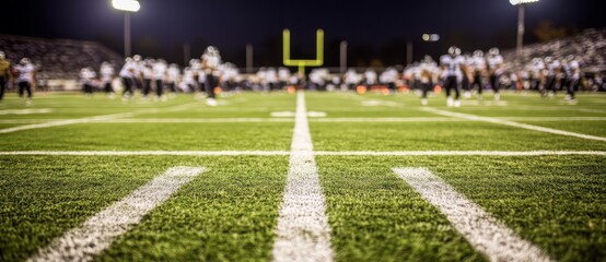 American football is being played on a green illuminated field in black and white during a kicking position at night with a dark atmosphere