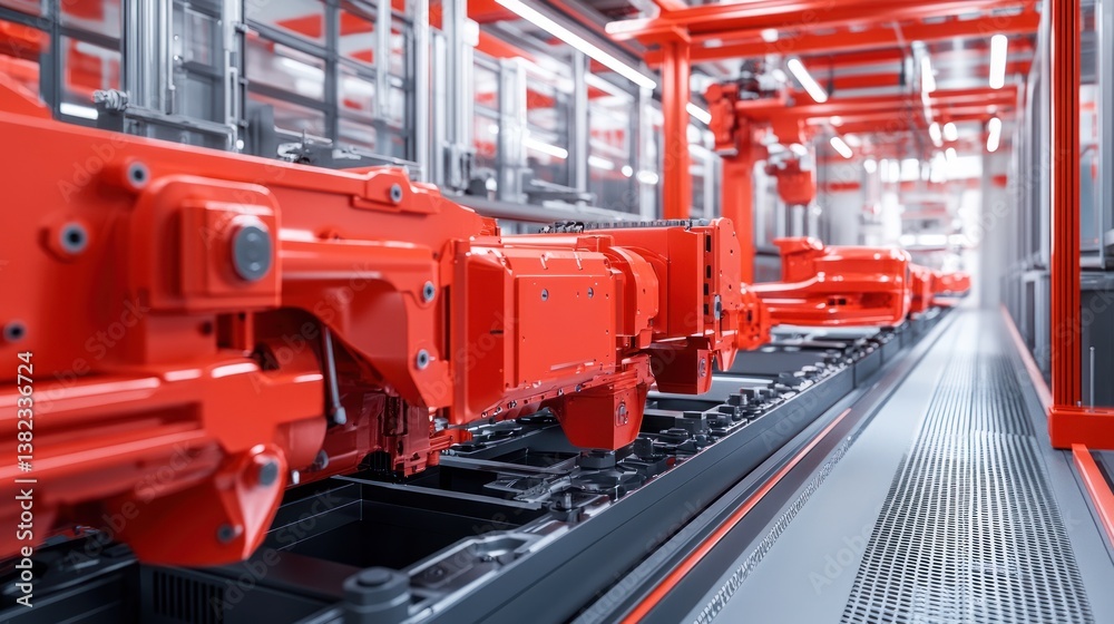Leinwandbilder Red robotic arms on an automated assembly line in a modern factory.