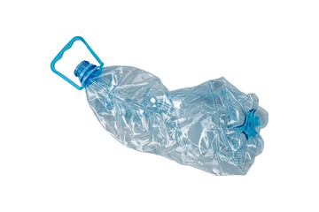 Crushed transparent plastic bottle with a blue handle and cap is isolated. Used PET container...