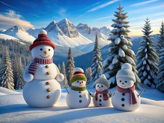 Obraz premium Snowman Family Winter Landscape - High Depth of Field Mountain Scene Illustration