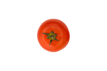 Fresh red tomato with green stem is isolated. Ripe round vegetable, top view.