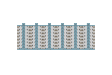 Long high prefabricated multisection panel apartment building with repetitive white and blue tile pattern is isolated and represents typical residential housing from the late 20th century.