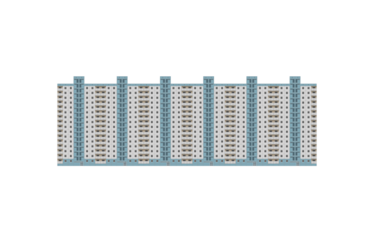 Long high prefabricated multisection panel apartment building with repetitive white and blue tile pattern is isolated and represents typical residential housing from the late 20th century.