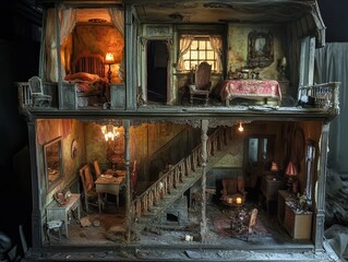 Dollhouse interior view showing multiple rooms with furniture and lighting.