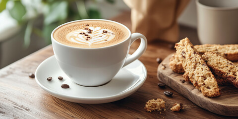 Cappuccino mit Latte Art, serviert mit knusprigen Biscotti auf einem Holztisch