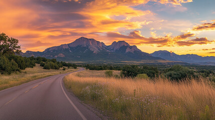 Fototapeta premium Captivating Sunset Landscape view with Winding Mountain Road, a beautiful mountain road soft pastel colors breathtaking sunset, Beautiful landscape with empty highway and hills.