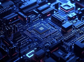 Blue circuit board background, a computer technology illustration vector with micro motherboards and chips for digital information data connection concept