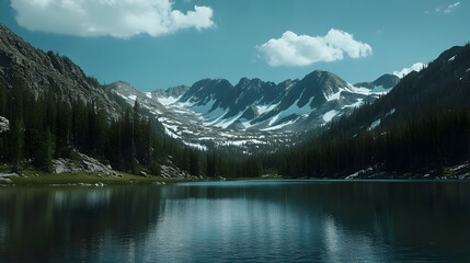 Serene mountain landscape with a reflective lake and snow-capped peaks.