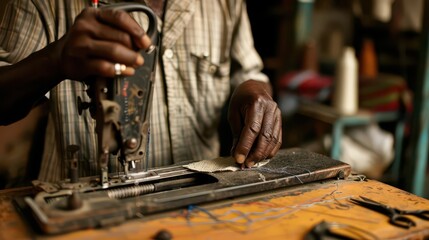 A person sewing fabric using a sewing machine in a workshop setting.
