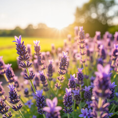 Obraz premium Lavender flowers blooming in golden sunlight against greenery 
