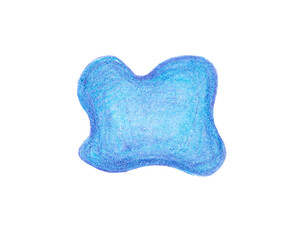 Spot of rounded shape with four convex parts. Isolated on white background. Drawing with colored pencils. Different shades of blue. Gradient from dark to light, from the contour to the center of spot.