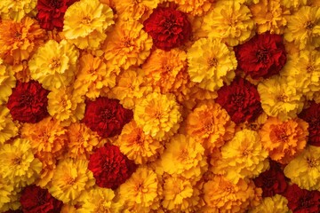 Vibrant marigold blossoms in yellow and red