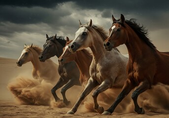 Obraz premium Majestic Horses Running Through a Dust Storm. Generative Ai
