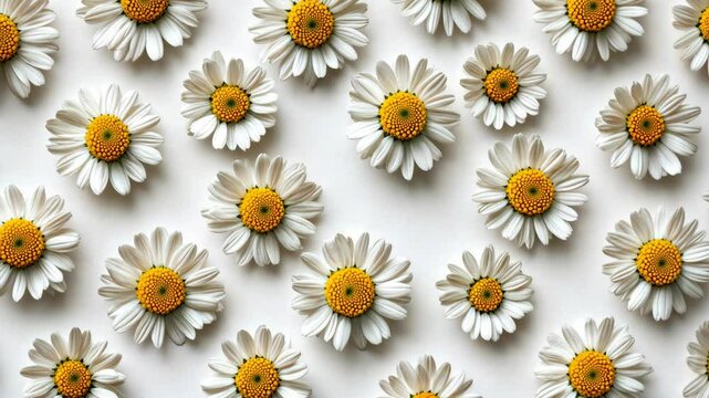 Colorful daisies arranged on a minimalist white background creating a vibrant floral pattern