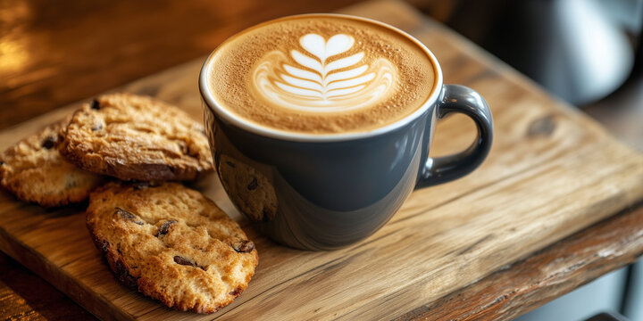 Cappuccino mit Latte Art, serviert mit knusprigen Biscotti auf einem Holztisch