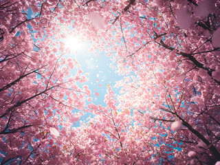 Breathtaking Cherry Blossom Canopy with Sunlight and Falling Petals – Dreamy Springtime Sakura in Full Bloom