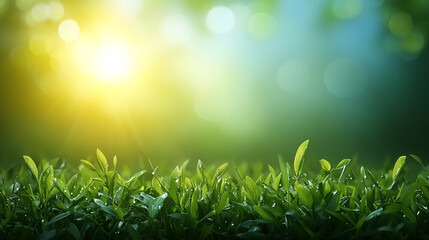 Fototapeta premium Sunlit Morning Scene with Dewy Grass and Warm Greenery Atmosphere