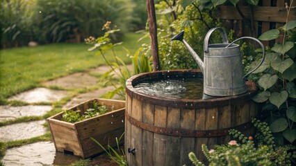 Fototapeta premium A wooden barrel collects rainwater, standing in a corner of the garden. A metal watering can is neatly placed on it, ready for use. The atmosphere of rustic coziness.