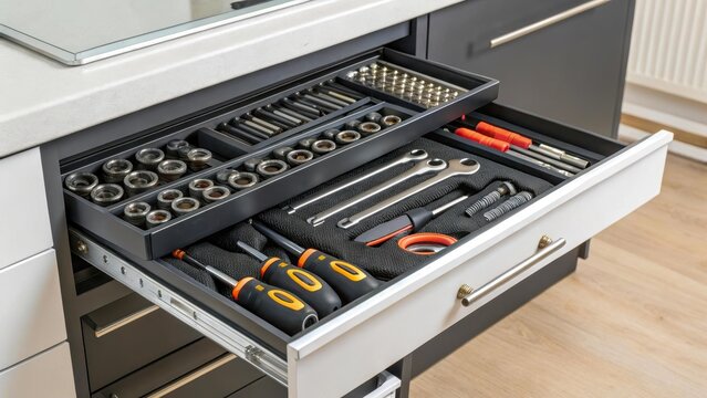 A toolbox with an open pull-out compartment displays perfectly organized wrenches and screwdrivers. The atmosphere of a workshop, reliability and readiness for work. - Powered by Adobe
