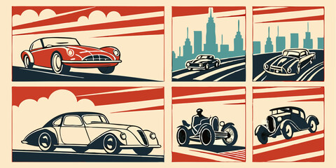 Retro Art Deco Vintage Cars Illustrations Classic Automotive Poster Design