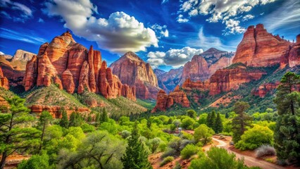 Zion National Park Hoodoos, Vibrant Landscape Photography, Blue Sky, Autumn Colors, Southwest USA, Nature Scenery, Dramatic Cliffs