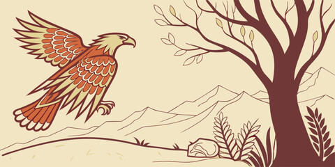 Striking Reddish Brown Eagle Flying Mountain Landscape Wildlife Vector Illustration