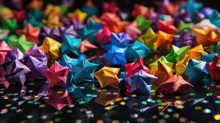 Fototapeta premium A colorful arrangement of origami stars on a reflective surface with scattered confetti.