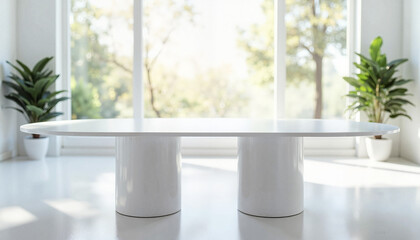 Minimalist conference table in bright room with plants, modern workspace