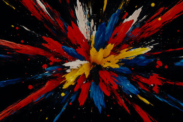 A dynamic three-dimensional explosion of red, blue, and yellow splashes dramatically spread across a deep black background.