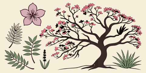 Botanical Vector Tree Illustration Pink Flowers Green Leaves Branches Nature Art