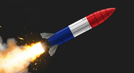 Fototapeta premium Stylized French Nuclear Missile Launch with Fiery Exhaust and Tricolor Flag